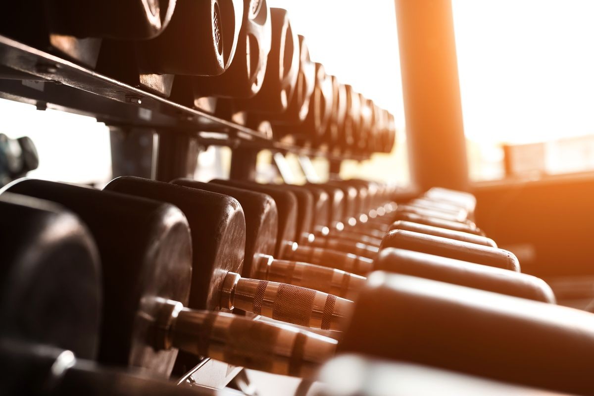 Black dumbbells set. Close up photo various metal dumbbells on the rack in sport fitness center against the sun light. Weight Training Equipment concept